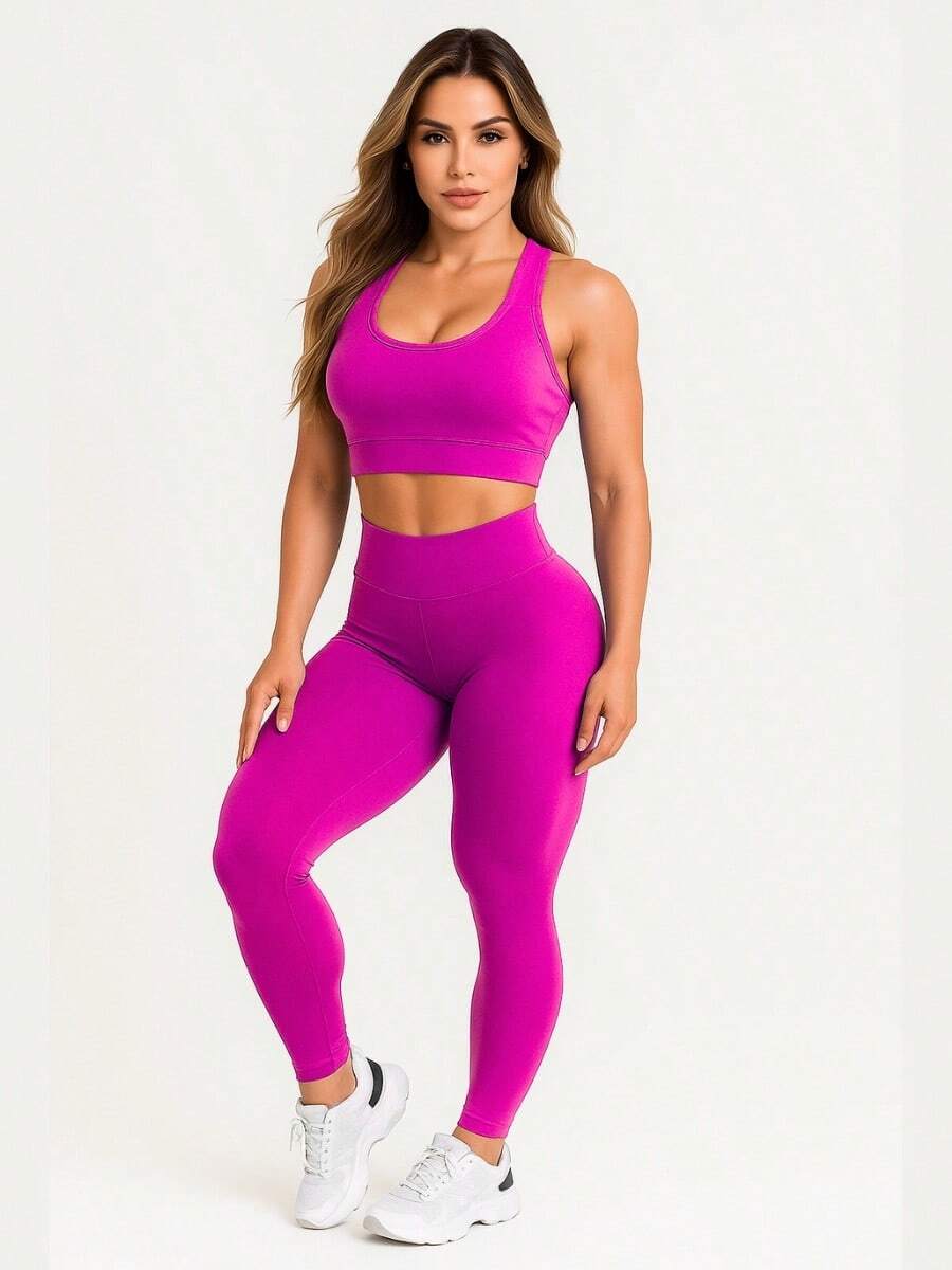 Leggings And Top Set For Gym Fitness Walking Bodybuilding Smooth Suplex A01 - 玫紅色 - 查看 1