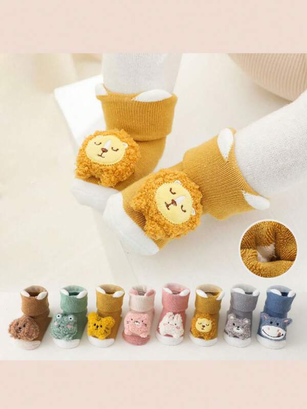 1 Pair 0-3 Years Old Cute Cartoon Baby Socks, Thickened Warm Comfortable Mid-Calf Anti-Slip Socks For Autumn/Winter