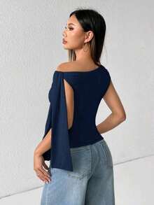 Elegant Suplex T-Shirt Top With Asymmetrical Shoulders And Straps, Ideal For Daily Use, Outings, Nightclubs, Parties, Halloween Costumes - Màu xanh hải quân - Xem 6