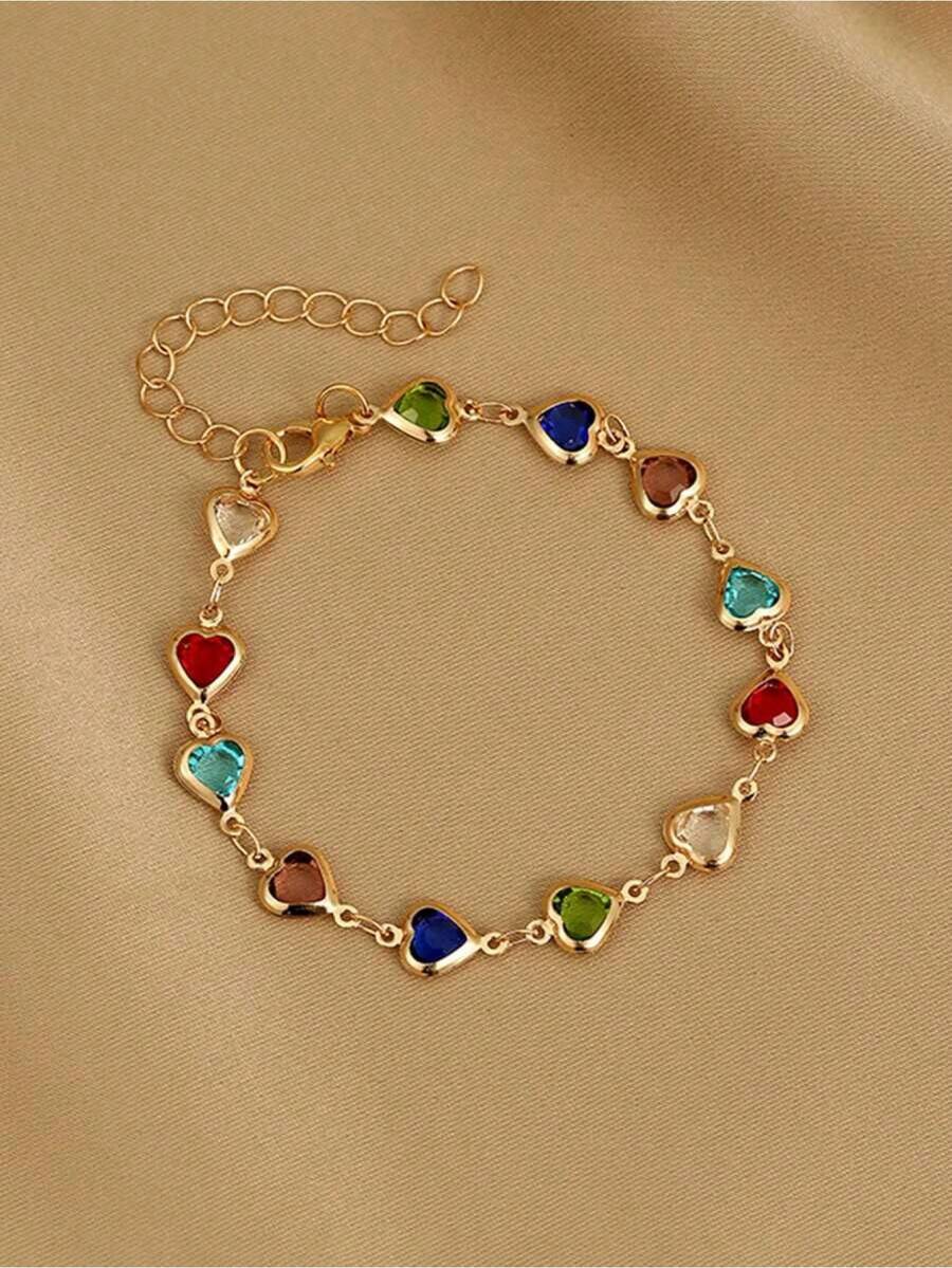 1pc Colorful Shiny Cubic Heart Design Elegant Bracelet, Suitable For Girls Daily/Party Jewelry, Festival Gift - Color1 - View 1
