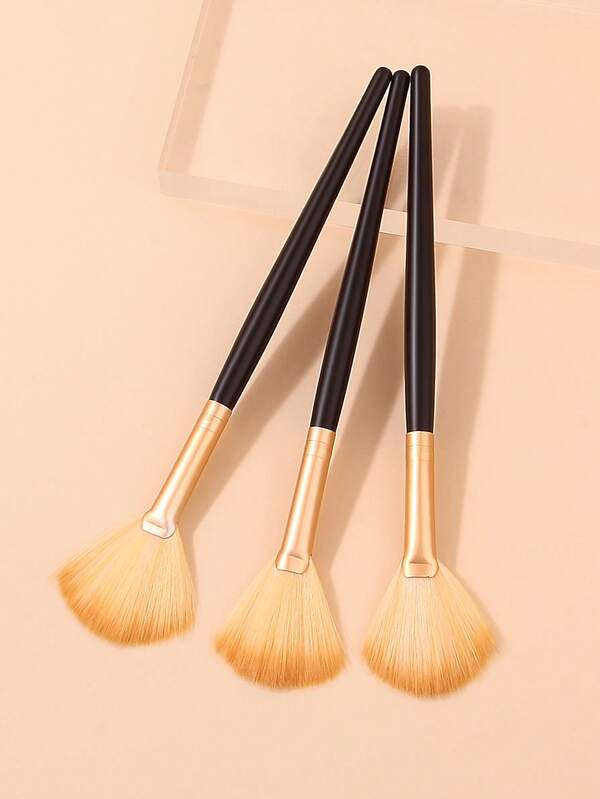 Set de 3 piezas de brochas de maquillaje de alta calidad con mango de madera - Brocha para polvo, brocha para rubor, brocha abanico grande, suaves y esponjosas