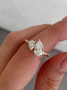 925 Sterling Silver Double Water Drop Design Women's Ring With Shiny Zirconia Stone, Quality Jewelry For Women's Engagement/Proposal - Yellow Gold - View 3