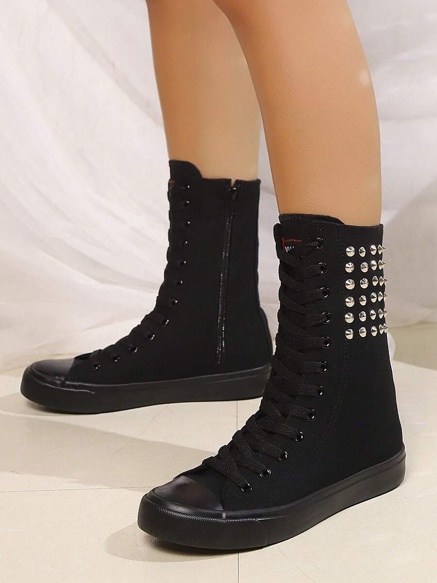 1 Pair Of Women's Short Boots, Suitable For Dances And School Daily Wear, With External Rivet Decoration And Internal Zipper, Lightweight And Comfortable Flat Boots - 黑色 - 查看 1