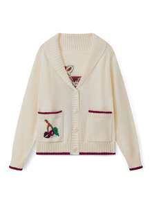 Women Button Up Sweaters Casual Cherry Pattern Long Sleeves Knit Cardigans Warm Fall Knitwear For Streetwear - Beige - View 4