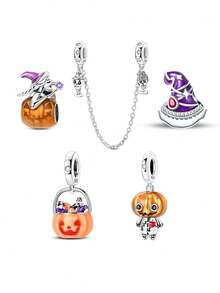 1 件镀银饰品 饰品 可爱饰品 串珠安全链 万圣节系列设计 女巫南瓜灯骷髅女巫帽饰品 适用于手链链 手工制作 DIY 设计 适合日常节日女士珠宝配饰 - 彩色 - 查看 1