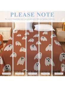 Kürbisfarben-weißer Geist Halloween Muster Decke - gestrickter Polyester Fleece, moderne digitale Bedruckung, Cartoon Thema, ganzjährig komfortable Heim Dekoration Tagesdecke, maschinenwaschbar