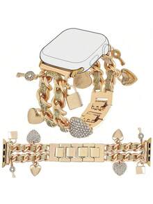 1 Dây đeo đồng hồ nữ mới có móc khóa hình trái tim bằng da, phù hợp với đồng hồ Apple 38/40/41/42/44/45mm - Vàng - Xem 14