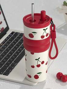 1pc 710ml/24.98oz Bow Insulated Cup,Cherry Insulated Cup,Portable Drawstring Water Cup,Large Capacity Insulated Cup,Insulated Cup With Straw,Reusable Cup,Accompanying Coffee Cup,Stainless Steel With Cover Lid