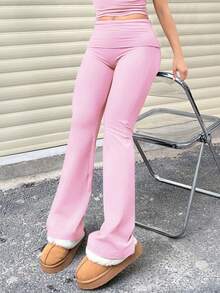 2pcs/Set Trouser Style Yoga Pants For Women Elastic Waist Gym Workout Flare Leggings Casual High Waisted Bootcut Yoga Pants - 白色+粉紅色 - 查看 7