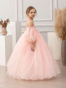 少女泡泡袖细肩带蝴蝶结装饰网眼公主裙，适合生日派对、花童、婚礼、舞会、节日场合