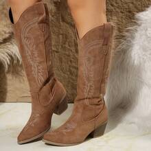 Fall/Winter Wite Fit Women's Retro Western Embroidered Low Heel Mid-Calf Cowboy Boots, Faux Suede Fashion Riding Boots Wide Fit - Khaki - View 1