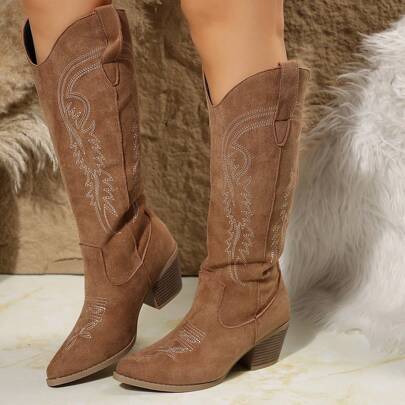 Fall/Winter Wite Fit Women's Retro Western Embroidered Low Heel Mid-Calf Cowboy Boots, Faux Suede Fashion Riding Boots Wide Fit