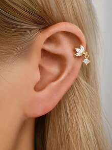 1件精致925纯银四叶草造型锆石耳夹耳环，带吊坠，低致敏性，适合女性日常佩戴 - 三葉草+圓鑽吊墜耳圈 - 查看 5