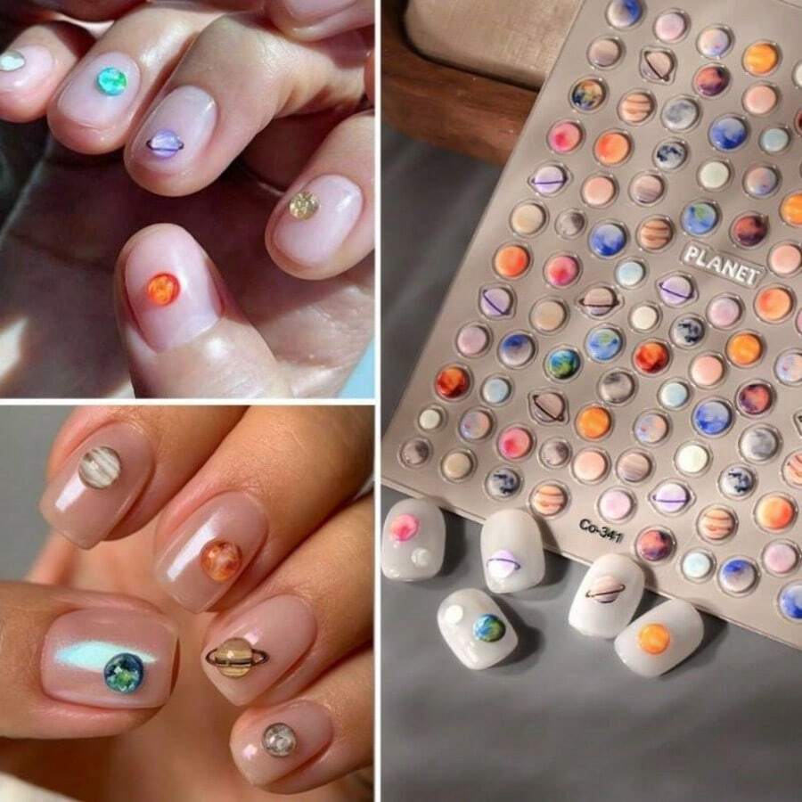 Planet Fantasy Glossy 3D Cartoon Nail Art Stickers, Waterproof Polyurethane Self-Adhesive Nail Decals With Glitter, Round Shape, Single Use, For Plastic Surfaces - 彩色 - 查看 1