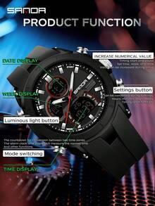 SANDA. SANDA 6279 男士石英电子表，大表盘，日历，夜光，防水，户外运动数字手表 - 黑色 - 查看 6