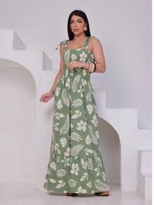 Long Printed Latex Dress With Straps - Green - View 3