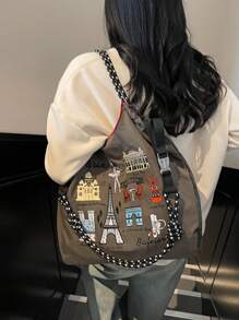 女士手提包，大容量防水帆布刺绣托特包，个性化图案便携式单肩托特包，时尚女士包包 - 灰色 - 查看 3