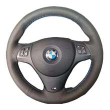 Volante de coche de cuero negro completo, funda de cuero suave trenzada para BMW E81 E90 Pack M Sport M3 E91 E92 E93 E87 E82 E88 X1 E84 - Tres hilos - Ver 1