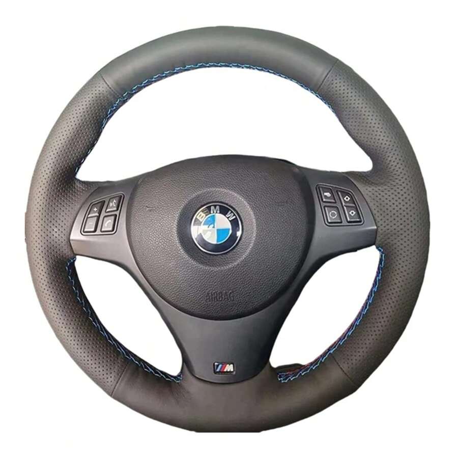 Volante de coche de cuero negro completo, funda de cuero suave trenzada para BMW E81 E90 Pack M Sport M3 E91 E92 E93 E87 E82 E88 X1 E84 - Tres hilos - Ver 1