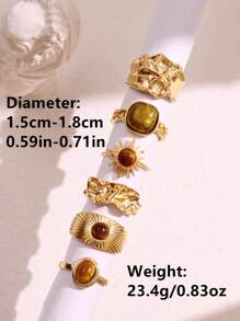 6pcs Vintage Fashion Gold Sunflower & Tiger Eye Colored Rhinestone Ring Set, Women Jewelry Gift
