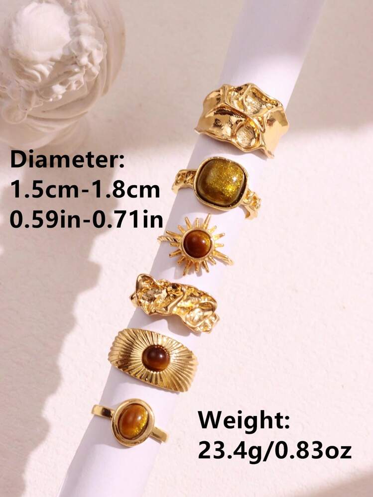 6pcs Vintage Fashion Gold Sunflower & Tiger Eye Colored Rhinestone Ring Set, Women Jewelry Gift - Multicolor - View 5