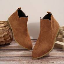 Nuevas botas de tobillo con cremallera lateral de unicolor básico para mujer, para uso en la oficina, el trabajo y el hogar, color caqui, para primavera/verano - Caqui - Ver 1