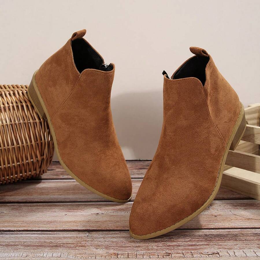 Nuevas botas de tobillo con cremallera lateral de unicolor básico para mujer, para uso en la oficina, el trabajo y el hogar, color caqui, para primavera/verano - Caqui - Ver 1
