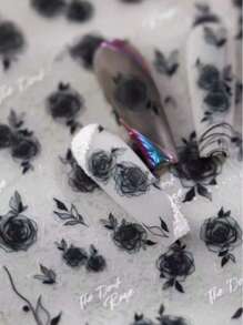 1黑玫瑰日系5d 3D薄透夜黑白玫瑰指甲贴复古半透血红玫瑰指甲贴DIY指甲贴自带背胶黑白玫瑰花朵指甲贴。