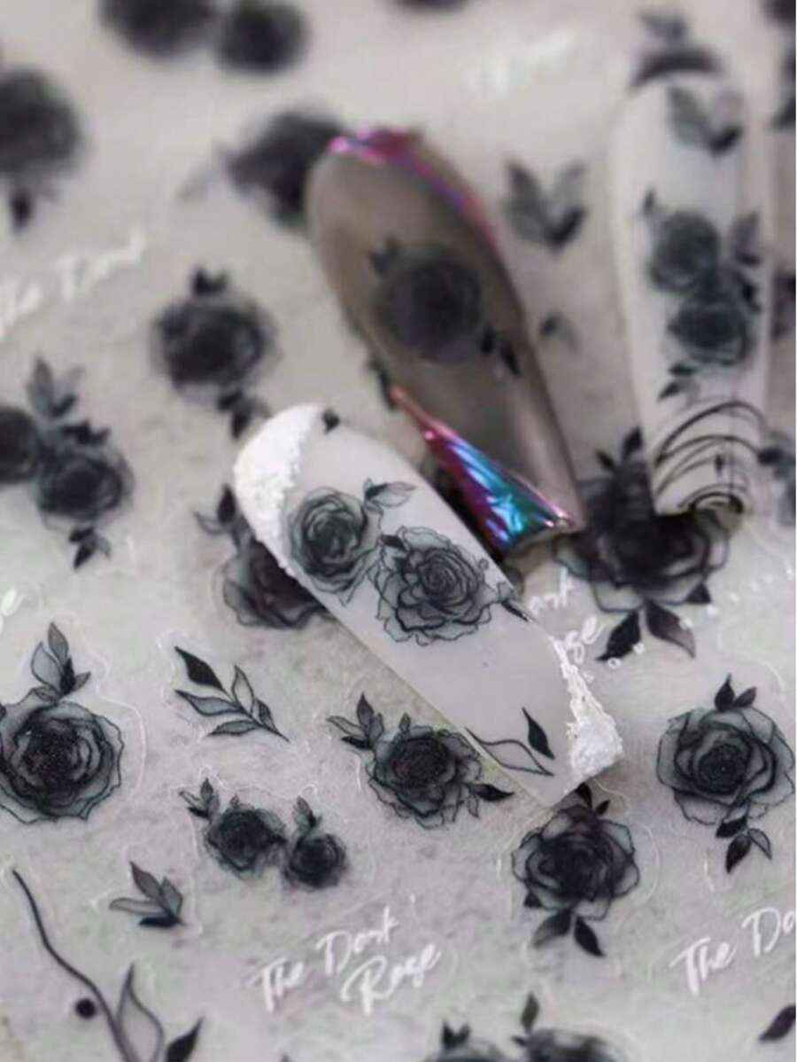 1黑玫瑰日系5d 3D薄透夜黑白玫瑰指甲贴复古半透血红玫瑰指甲贴DIY指甲贴自带背胶黑白玫瑰花朵指甲贴。