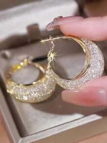 Luxurious Mesh Crystal Hoop Earrings For Women, Fashionable Ear Clip Circle Shaped Earrings With Design Sense - 金色 - 查看 7