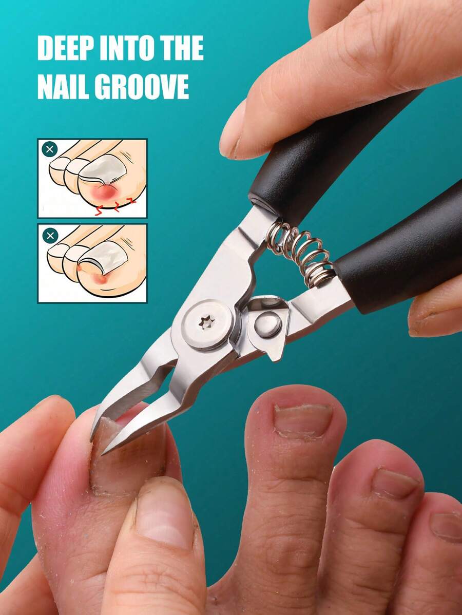 1 件装趾甲剪，厚指甲剪或嵌甲工具，成人不锈钢尖头趾甲剪，带指甲清洁器的钳子，橡胶手柄，黑色' - 黑色 - 查看 1