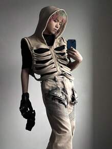 Unisex Oversized Skeleton Hoodie Men Cropped Sleeveless Sweatshirt Women Goth Costume Skull Hooded Vest - Khaki - View 8