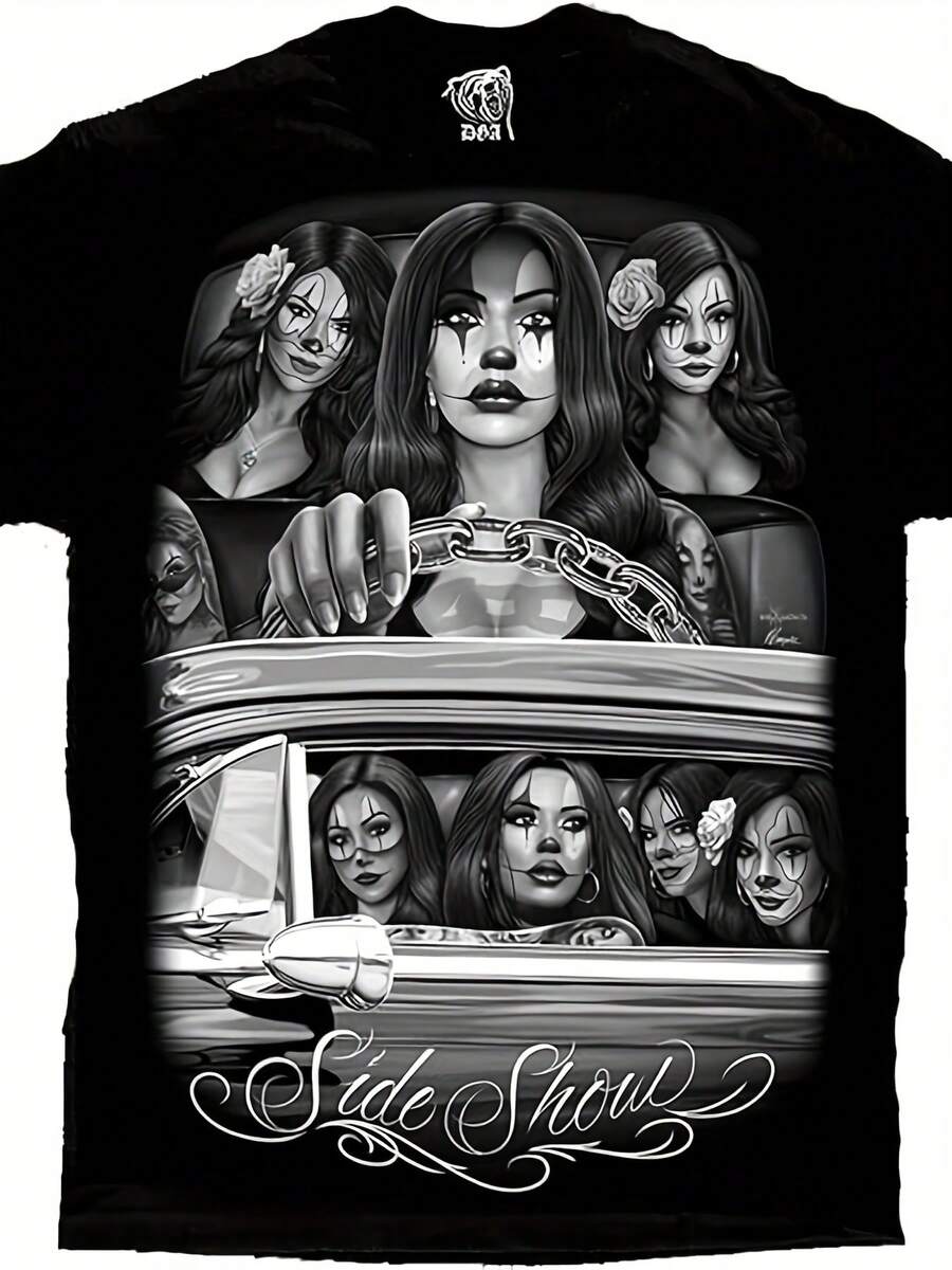 [Sexy Clown Tee] DGA Side Show Cruising Lowrider Sexy Payasa Clown T Shirt | Men's Comfortable Cotton Round Neck Short Sleeves 180g - 黑色 - 查看 1