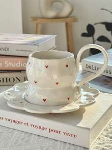 Bộ 1 cốc cà phê và đĩa sứ họa tiết hoa dễ thương, cốc phong cách Hàn Quốc chất lượng cao, cốc cà phê dung tích lớn có quai xách cỡ lớn, thích hợp cho văn phòng, gia đình, bữa sáng - Nhiều màu - Xem 8