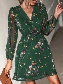 Dresses For Women V Neck Chiffon A Line Mini Dress Long Peasant Sleeves Casual Dress - màu xanh lá - Xem 3