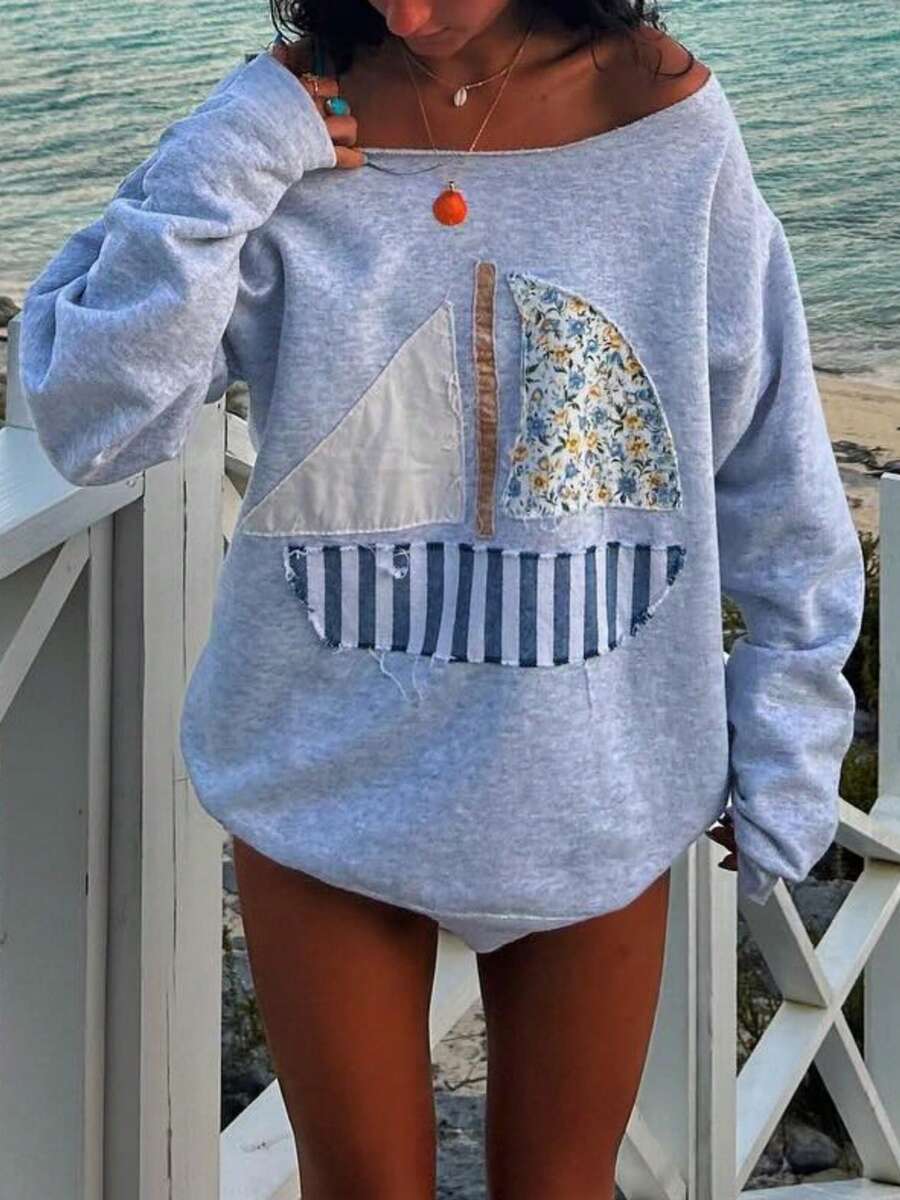 Women Y2k Off The Shoulder Tops Long Sleeve Asymmetrical Sweatshirt Loose Fit Pullover Tops Tee Shirt Vintage Graphic Hoodies Aesthetic Clothes Streetwear Fall Spring Outfit - 灰色 - 查看 1