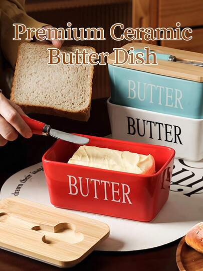 1 件带盖黄油碟，台面用大号黄油碟，陶瓷黄油储存容器，带刀和高品质硅胶密封黄油碟，适合家居装饰，带盖厨房好礼物，完美家居装饰、派对和圣诞节储存