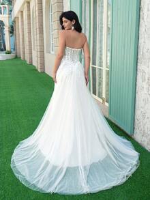 ANGELAG Strapless Heart-Shaped Lace Embroidered Beaded Slit Long Wedding Dress - Rice Skin - View 8
