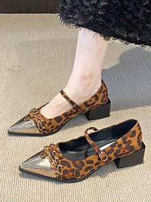 Tacones de plataforma con hebilla metálica, estampado de leopardo y bloque de color, puntera puntiaguda, estilo coreano de tacón alto, tacones medios tipo Mary Jane para mujer
