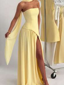 Irregular Sheath Tie Dress Women French  Split Long Dresses - 黃色 - 查看 7