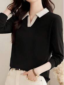 2025 新款秋季女式时尚翻领长袖 Polo 衫，休闲装套头衫