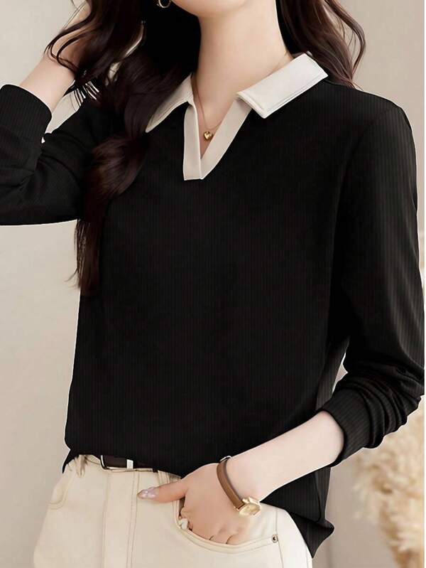 2025 Nueva camiseta polo de manga larga con cuello de mujer de moda para otoño, Top de jersey casual