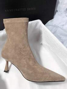 2025 秋冬新款法式尖头细跟修身踝靴，简约通勤设计，女士，女靴 - 卡其色 - 查看 5