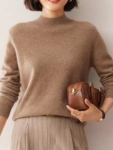 Suéter de cuello alto medio de color liso para mujer, suéter de viaje, suéter de manga larga, suéter casual para todo tipo de combinaciones - Caqui - Ver 3