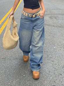 女式低腰浅色水洗宽松阔腿牛仔裤 Y2K 风格休闲裤秋冬 - 藍色 - 查看 2