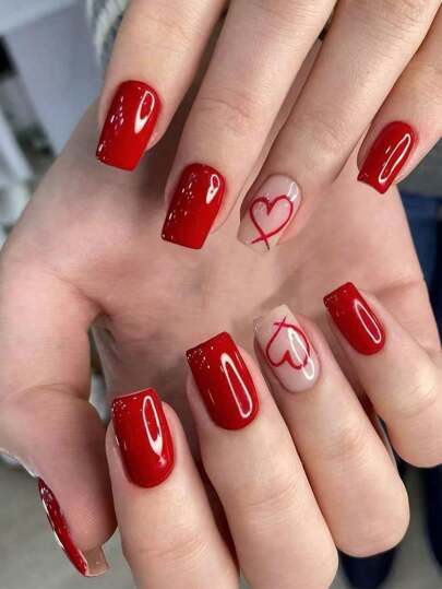 24 piezas de puntas de uñas con forma cuadrada de color rojo con diseño de corazón rojo, que incluye 1 pieza de pegamento de gel para uñas y 1 pieza de lima de uñas, adecuado para uso diario y de fiesta/Día de San Valentín para mujeres y niñas, uñas postizas y suministros para uñas