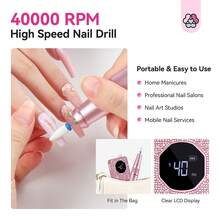 SAVILAND 40000 RPM Professional Nail Drill : Portable Diamond Nail Drill Kit Rechargeable 4000 MAh Electric Nail File For Thick Acrylic Nails With Ceramic Nail D Rill Bits Sanding Bands Nail Tech Salon - 粉色 - 查看 6