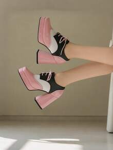Women's Oxford Shoes Color-Block Heels Square Toe Platform Chunky Heels Lace-Up Mary Janes Shoes For Ladies New Year And Christmas Outfits - 粉色 - 查看 3