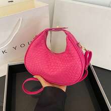 Bolso de mano retro tejido para mujer: bolso de media luna de textura suave, versátil para llevar debajo del brazo, de un solo hombro o cruzado. - Rosa Fucsia - Ver 1