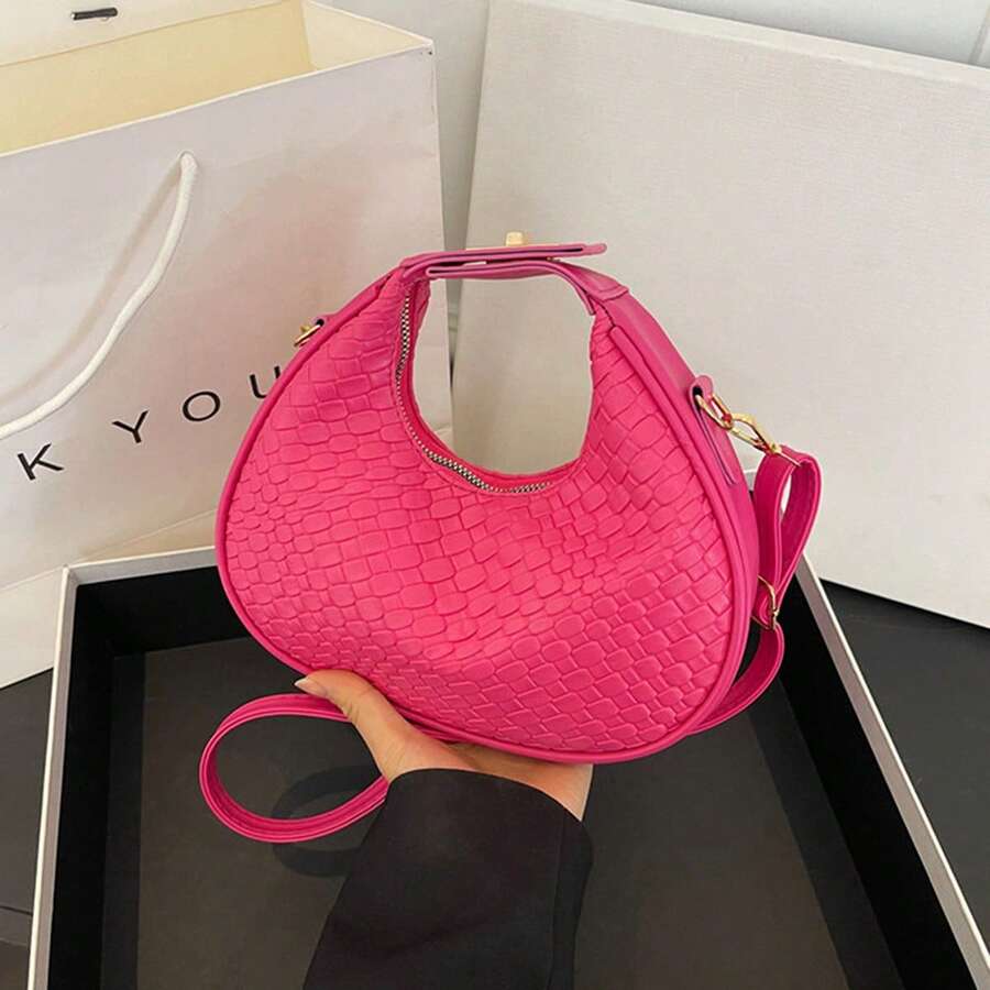 Bolso de mano retro tejido para mujer: bolso de media luna de textura suave, versátil para llevar debajo del brazo, de un solo hombro o cruzado. - Rosa Fucsia - Ver 1